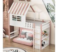 MODFU Lit Mezzanine 90x200 cm - Lit Enfant avec Échelle, Bureau de Rangement et Structure Cabane, Bois Massif MDF - Sans Matelas - Rose