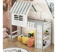 MODFU Lit Mezzanine 90x200 cm - Lit Enfant avec Échelle, Bureau de Rangement et Structure Cabane, Bois Massif MDF - Sans Matelas - Vert
