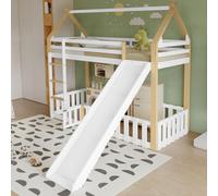 MODFU Lit mezzanine 90x200 cm - Lit Enfant avec Toboggan, Cabane Ludique et Barrière de Sécurité - Sans Matelas - Pin MDF Blanc + Nature