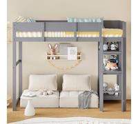 MODFU Lit Mezzanine 90x200 cm - Lit Simple avec Étagère Intégrée et Protection Latérale, Cadre en Pin Massif, Sans Matelas - Gris