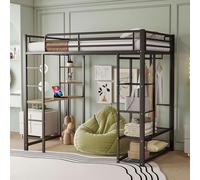 MODFU Lit Mezzanine 90x200 cm - Lit Simple Avec Étagères de Rangement et Bureau, Échelle Latérale, Sans Matelas, Noir