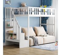 MODFU Lit Mezzanine 90x200 cm - Lit Simple avec Sécurité et Escalier Intégré, Décoration Lune et Étoiles, Pin et MDF, Sans Matelas, Blanc