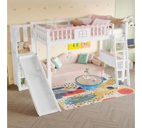 MODFU Lit Mezzanine 90x200 cm - Lit Simple avec Toboggan, Étagère de Rangement et Lumière LED Télécommandée, Sans Matelas, Bois Massif et MDF, Blanc