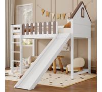 MODFU Lit Mezzanine 90x200 cm - Lit Superposé Enfant avec Toit et Fenêtres - Sans Matelas - Bois Pin + MDF - Blanc