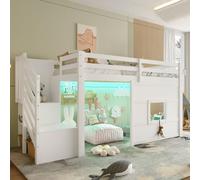 MODFU Lit Mezzanine 90x200 - Lit Ado Enfant avec Escalier de Rangement et LED Intégrée, Garde-Corps Sécurisé, Bois MDF et Pin, Sans Matelas - Blanc
