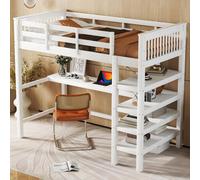 MODFU Lit mezzanine 90x200 - Lit enfant avec bureau et rangements - Sans matelas - Blanc
