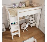 MODFU Lit Mezzanine 90x200 - Lit Simple Avec Bureau L-Forme, Rangements Multiples et Échelle, En MDF et Bois Massif, Sans Matelas, Blanc