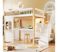 MODFU Lit Mezzanine Ado 140x200 cm - Avec Bureau Intégré et Escalier de Rangement - Bois de Pin Naturel et MDF Solide - Sans Matelas - Blanc+Naturel