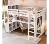 MODFU Lit Mezzanine Ado 140x200 cm - Lit avec Bureau et Étagères de Rangement - Armoire Intégrée - Bois MDF et Pin - Blanc