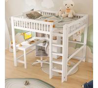 MODFU Lit Mezzanine Ado 140x200 cm - Lit Surélevé avec Bureau Fonctionnel et Espace de Rangement - Structure Bois de Pin et MDF - Blanc