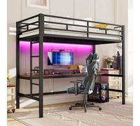 MODFU Lit Mezzanine Ado 90x200 cm - Lit en Métal avec Bureau et Garde-Corps de Sécurité - Avec LED - Noir - Sans Matelas