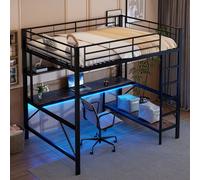 MODFU Lit Mezzanine Ado Métal 140x200 cm - Avec Bureau de Travail et Étagères - LED et Prise USB - Sans Matelas - Noir