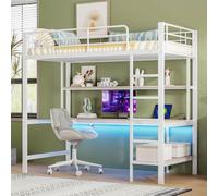 MODFU Lit Mezzanine Ado Métal 90x200 cm - Avec Bureau de Travail et Rangement - LED et Prise USB - Sans Matelas - Blanc