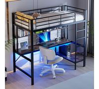 MODFU Lit Mezzanine Ado Métal 90x200 cm - Avec Bureau de Travail et Rangement - Lumière LED et Prise USB - Sans Matelas - Noir