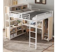 MODFU Lit Mezzanine Double 140x200 cm - Avec Bureau Intégré et Penderie - Sans Matelas - Blanc
