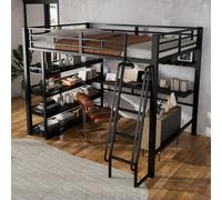 MODFU Lit Mezzanine Double 140x200 cm - Avec Nombreux Rangements et Étagères - Sans Matelas - Noir