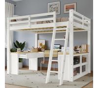 MODFU Lit Mezzanine Enfant 140x200 cm - Lit avec Bureau et Tiroirs de Rangement, Structure en Pin, Blanc et Naturel, Sans Matelas