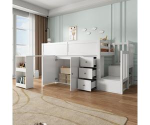 MODFU Lit Mezzanine Enfant 90×200 cm avec Bureau Intégré et Rangement - Lit Combiné Pratique en MDF - Sans Matelas - Blanc