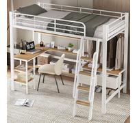 MODFU Lit Mezzanine Enfant 90x200 cm - Escalier Incliné 4 Marches avec Coffres Tissu - Structure Métal MDF Résistante - Sans Matelas - Blanc+Naturel