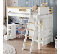 MODFU Lit Mezzanine Enfant 90x200 cm - Lit avec Bureau, Protection Anti-Chute, Échelle, Rangement, Bois Blanc et Naturel - Sans Matelas