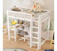 MODFU Lit Mezzanine Enfant 90x200 cm - Lit Combiné avec Escalier et Espace de Rangement - Structure Bois de Pin et MDF - Blanc