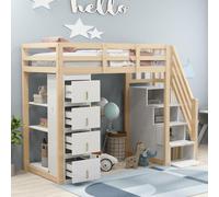MODFU Lit Mezzanine Enfant 90x200 cm - Lit en Hauteur avec Toboggan et Escalier - Bois et Panneaux de Particules - Sans Matelas - Blanc