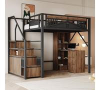 MODFU Lit Mezzanine Métal 140x200 Enfant avec Fenêtre, Rangement Intégré dans les Marches et Garde-Corps Sécurisé - Sans Matelas - Noir