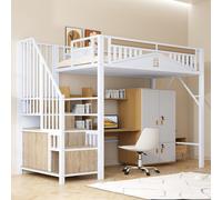 MODFU Lit Mezzanine Métal 90x200 cm Enfant/Ado avec Escalier Fonctionnel et Tiroirs, Optimisation d’Espace et Sécurité - Blanc