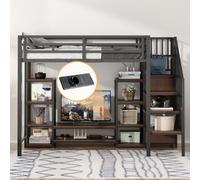 MODFU Lit Mezzanine Métal 90x200 Enfant avec TV et Rangement, Escalier Sécurisé et Prises Intégrées, Design Moderne et Robuste - Noir - Sans Matelas