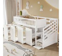 MODFU Lit Mezzanine Multifonction 90x200 cm - Lit Enfant avec Bureau, Escalier de Rangement et Armoire - Bois Pin MDF - Blanc, Sans Matelas