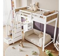 MODFU Lit Mezzanine Multifonction 90x200 cm - Lit Enfant avec Bureau, Étagères Ouvertes et Escalier à Rangement - Blanc et Naturel, Sans Matelas