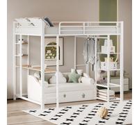MODFU Lit Mezzanine Simple 90x200 cm - Avec Bureau, Échelle et Espaces de Rangement - Structure MDF et Métal - Blanc