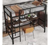 MODFU Lit Mezzanine Simple 90x200 cm - Avec Bureau et Étagères - Structure Métal et Panneau de Particules - Sans Matelas - Noir