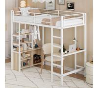 MODFU Lit Mezzanine Simple 90x200 cm - Avec Bureau, Rangements Ouverts et Prises USB - Métal et MDF - Sans Matelas - Blanc