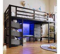 MODFU Lit mi-hauteur 90x200 Lit simple surélevé avec éclairage LED multicolore,Cadre de lit avec tiroir de rangement et sac de rangement,sans matelas,noir
