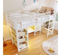 MODFU Lit mi-hauteur 90x200 Lit simple surélevé avec éclairage LED multicolore,Cadre de lit avec tiroir de rangement et sac de rangement,sans matelas,blanc