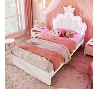 MODFU Lit pour enfant 90×200 rembourré avec éclairage d’ambiance, lit simple en forme de couronne avec tête de lit réglable et 2 tiroirs, sans matelas