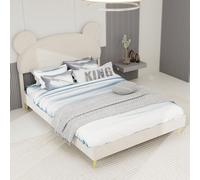 MODFU Lit simple 140x200 Cartoon-Form Lit rembourré Cadre de lit en Density Fibreboard résistant,Cadre de lit avec tête de lit souple,sans ressort à gaz ni matelas,Beige
