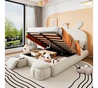 MODFU Lit Simple 140x200 cm - Lit Junior Rembourré Avec Rangements Et Bandes Lumineuses, 2 Tabourets Inclus, Velours, Sans Matelas, Blanc