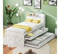 MODFU Lit Simple 90x190 cm - Lit Enfant Avec Tiroir Coulissant, Table De Chevet Avec Étagère Et Prise USB, Bois Massif, Sans Matelas, Blanc