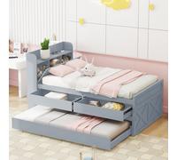 MODFU Lit Simple 90x190 cm - Lit Enfant Avec Tiroir Coulissant, Table De Chevet Avec Étagère Et Prise USB, Bois Massif, Sans Matelas, Gris