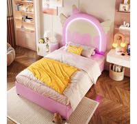 MODFU Lit Simple 90x200 cm, Licorne avec LED et 2 Tiroirs, Rose