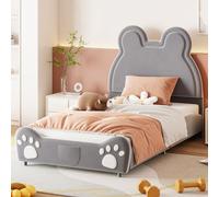 MODFU Lit simple 90x200 cm - Lit capitonné ours pour enfant - Gris