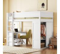 MODFU Lit simple 90x200 cm - Lit mezzanine avec rangement et bureau - Sans matelas - Blanc