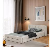 MODFU Lit Simple 90x200 cm - Lit Simple Capitonné avec Dossier Incliné et Chenille Douce, Confort Optimal, Sans Matelas - Beige
