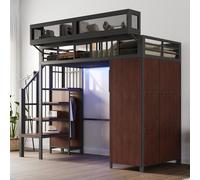 MODFU Lit simple 90x200 Lit surélevé pour adolescents avec armoire et échelle de sécurité,cadre de lit avec éclairage LED et barrières de protection,sans matelas,noir