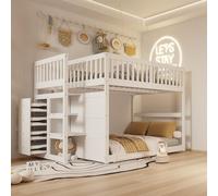MODFU Lit Superposé 140x200 cm - Lit Enfant avec Compartiments Ouverts, Cadre en Bois, Sans Matelas - Blanc