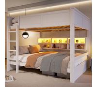 MODFU Lit Superposé 160x200 cm - Avec Rangement et LED Réglable, Compartiments Pratiques et Structure Solide, Bois Massif et MDF, Sans Matelas - Blanc