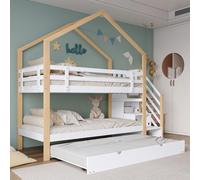 MODFU Lit Superposé 255x94,5x224,5 cm - Lit Cabane Avec Protection Et Échelle, Lit Enfant Combiné, Naturel Et Blanc