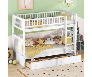 MODFU Lit Superposé 90×200 cm avec 2 Tiroirs de Rangement - Lit Enfant Évolutif en Bois de Pin et MDF - Design Solide - Sans Matelas - Blanc
